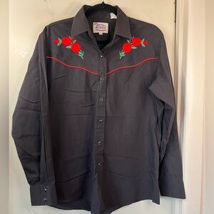Black Shirt with Red Floral Embroidery shirt